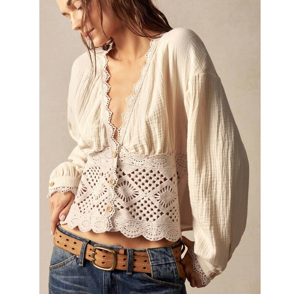 Rouge! Tops - Cotton Bohemian Shirt in Beige Crochet Lace Detailed V-Neck Long Lantern Sleeve